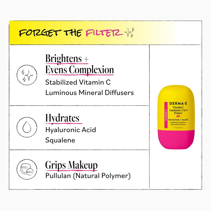DERMA E Face Primer, Vitamin C Luminous 2-in-1 Brighten & Blur Primer, 1 Fl Oz, Stabilized Vitamin C, Hyaluronic Acid & Aloe Vera, Blurs Appearance of Pores, Wear Under Makeup for All Day Hold