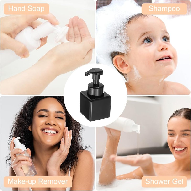 Square Foam Pump Bottle - 250ml Refillable Plastic Dispenser for Lash Shampoo, Hand Soap | Black