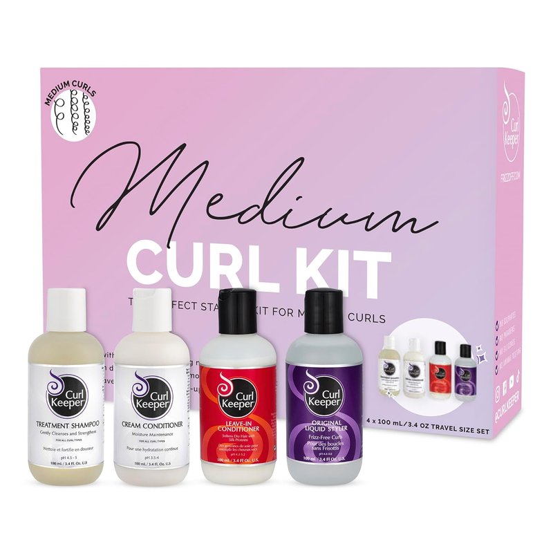 Curl Keeper Medium Curl Starter Kit - Travel Size Set for Curly Hair | Includes Liquid Styler, Treatment Shampoo, Cream Conditioner & Leave-In Conditioner