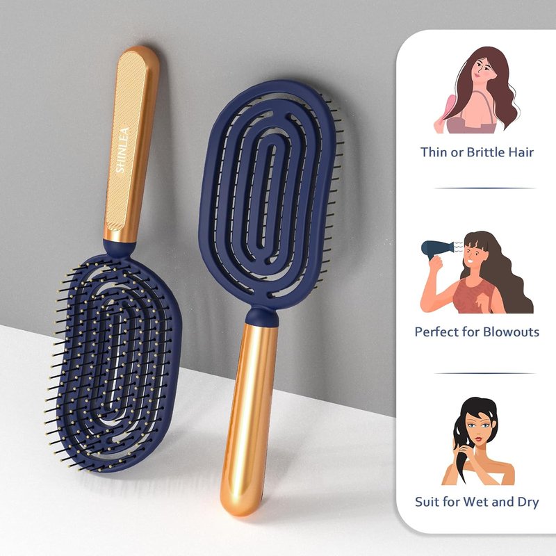 Speed Dry Detangler Brush - Spiral Vented Design for Wet Hair | Metal-Infused Gold Handle, Curved with Soft Bristles