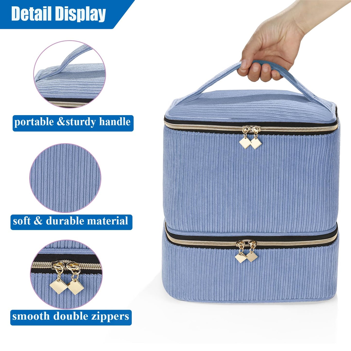 CTWWFS Corduroy Nail Polish Organizer and Nail Lamp Case, Nail Kit Organizer Holds 30 Bottles (15ml - 0.5 fl.oz) and a Nail Lamp, Nail Polish Carrying Case with Manicure Tools Storage Sections (Blue)