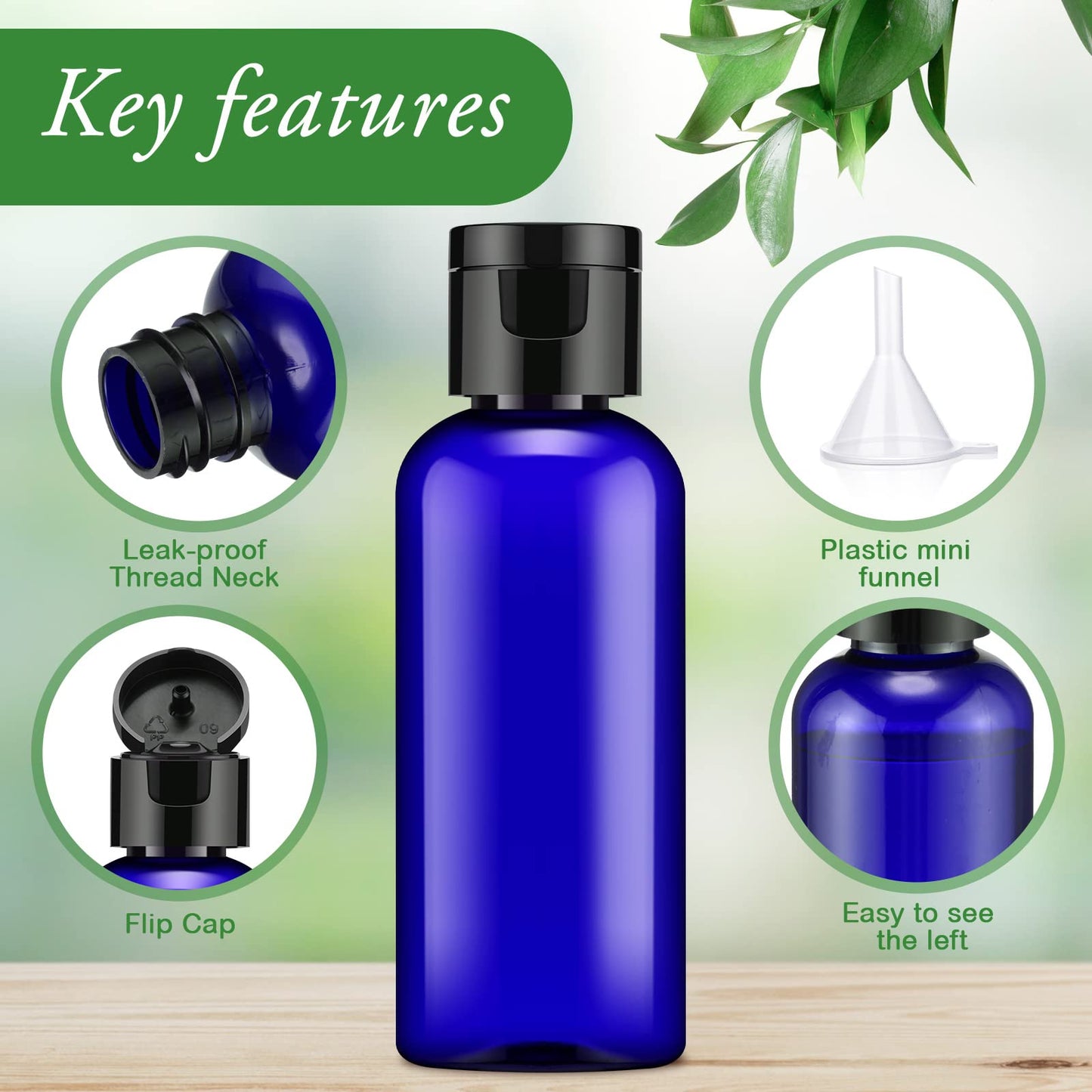 Eccliy 100 Pack 2 oz Plastic Bottles Travel Lotion Bottle Squeeze Container Plastic Bottles with Caps Small Travel Empty Refillable Toiletry Containers for Liquid Lotion Creams with 5 Funnels(Blue)