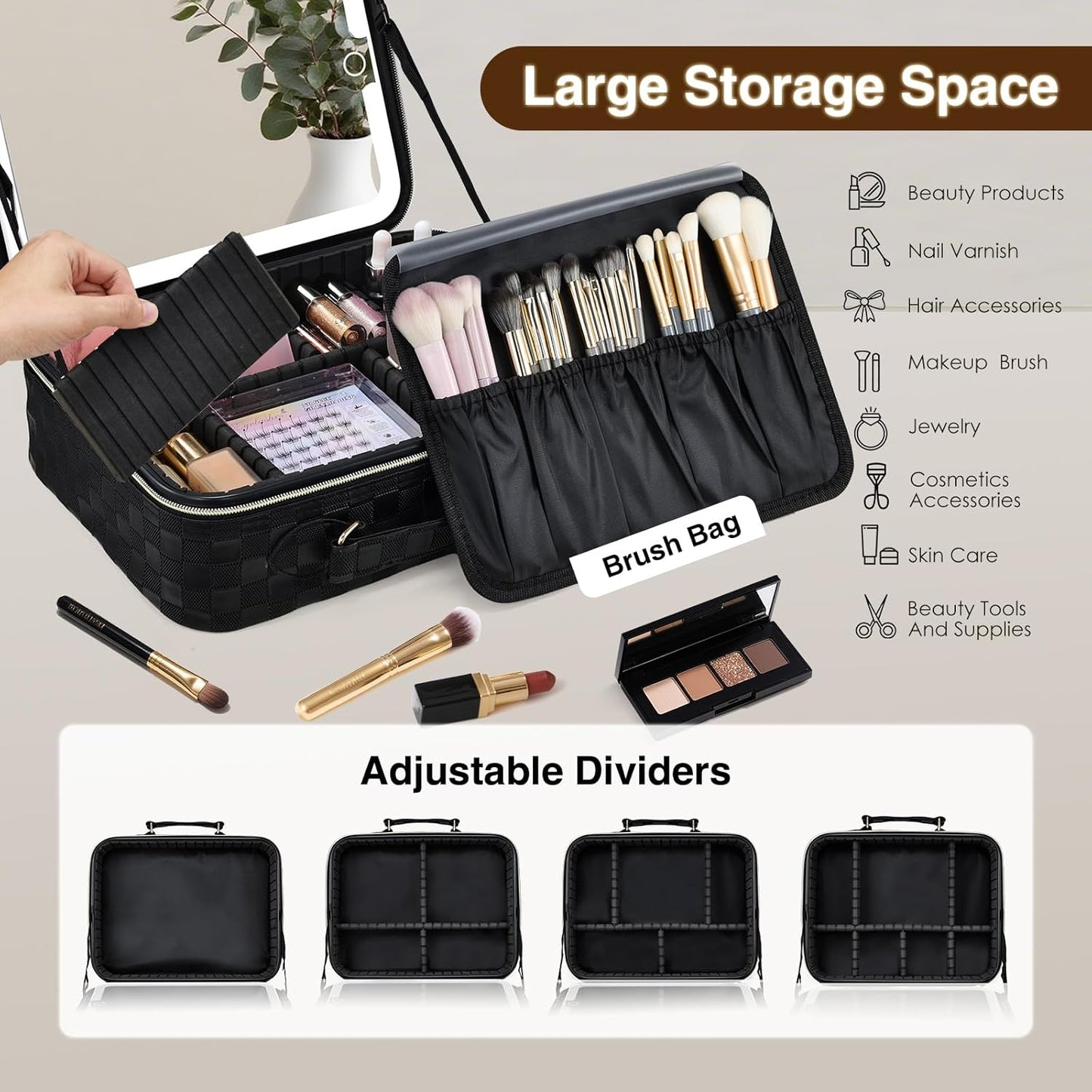 LED Lighted Makeup Bag - 12.2" Travel Cosmetic Organizer with Adjustable Brightness | Black Checkerboard Design, Dividers & Brush Holder