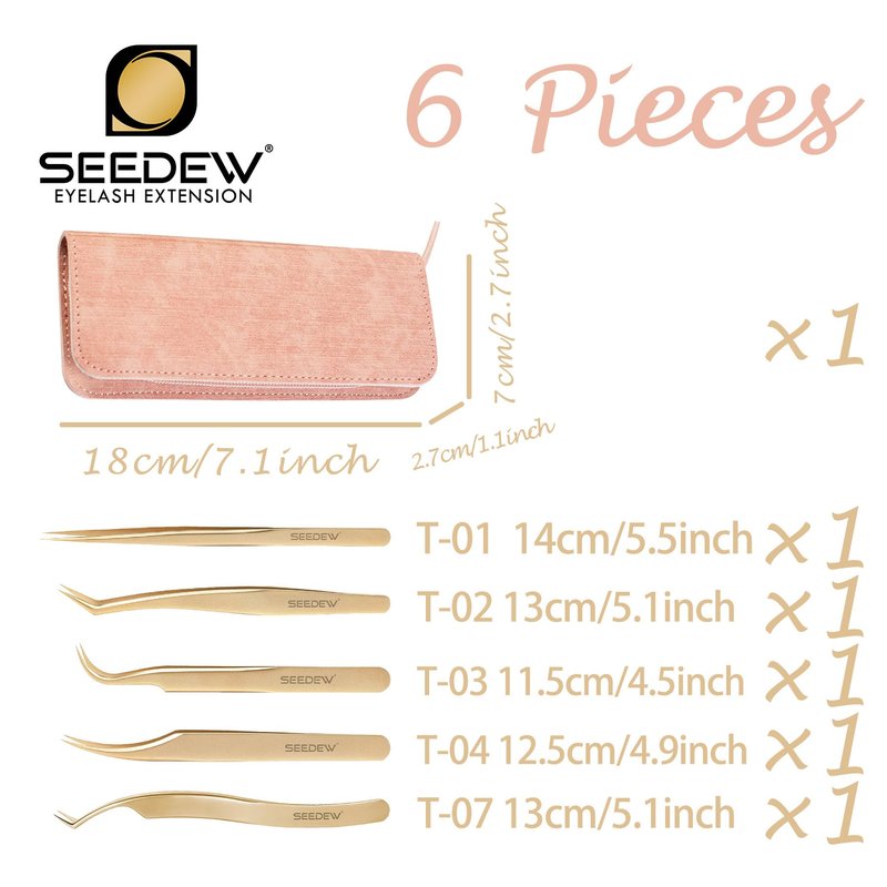 SEEDEW Tweezers Box Set, 5 PCS Isolation Pointy Precision Professional Stainless Tweezers with a PU Storage Case, Organizer Kit for Eyelash Extension, Beginner Lash Tech, Crafts Repair(White, Golden)