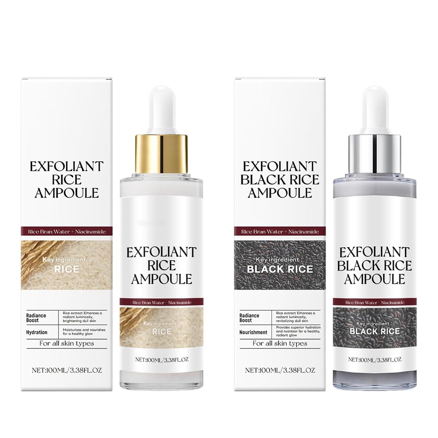 Dual Action Facial Peeling Set - Rice Water & Black Rice Exfoliating Ampoules for Gentle Skin Renewal | 2 x 100ml