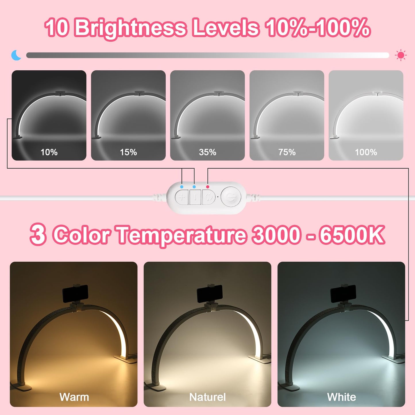 JIUYONG Upgraded Half Moon Light with Phone Holder, 29in Foldable Half Moon Light for Nail Desk, Nail Table Lamp with Stepless Dimming & Color Temperature (Large-29In)