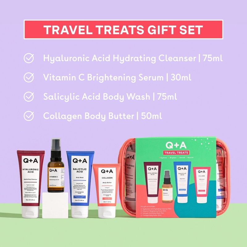 Q+A Travel Treats Gift Set, 4-Piece Skincare & Bodycare Minis with Travel Bag, Hydrating Fcaial Cleanser (75ml), Vitamin C Serum (30ml), Salicylic Acid Body Wash (75ml) & Collagen Body Butter (50ml)