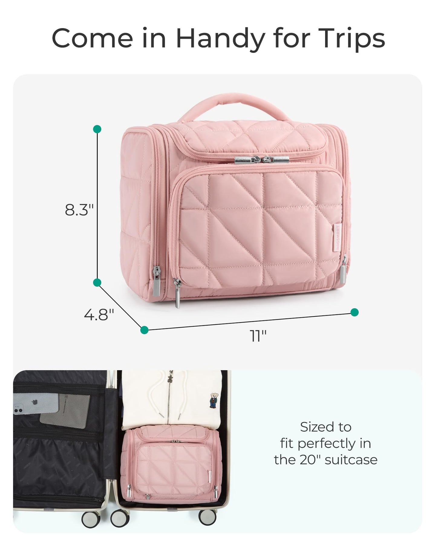 BAGSMART Toiletry Bag Travel Bag with Hanging Hook, Water-resistant Lightweight Puffy Makeup Bag Large Wide-open Travel Bag for Women Travel Organizer for Accessories, Cosmetics, Toiletries, Nude Pink