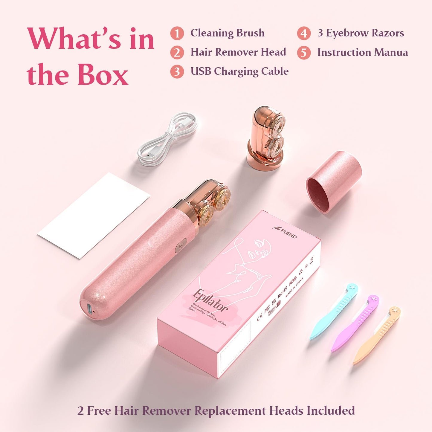 Facial Hair Remover for Women | Dual-Head Face Shaver Electric Hair Removal Device for Face,Lip, Chin | 2 Replacement Heads