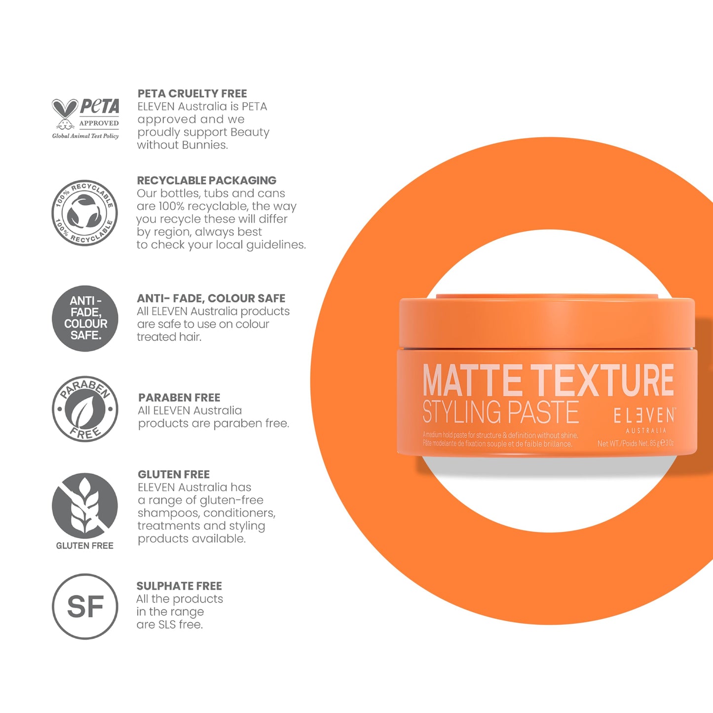 ELEVEN AUSTRALIA Matte Texture Styling Paste - Hair Clay for Men and Women, Lanolin Wax, Beeswax, & Argan Oil Blend, Natural Molding with a Texturizing Finish, Ideal for Short Hair - 3 oz