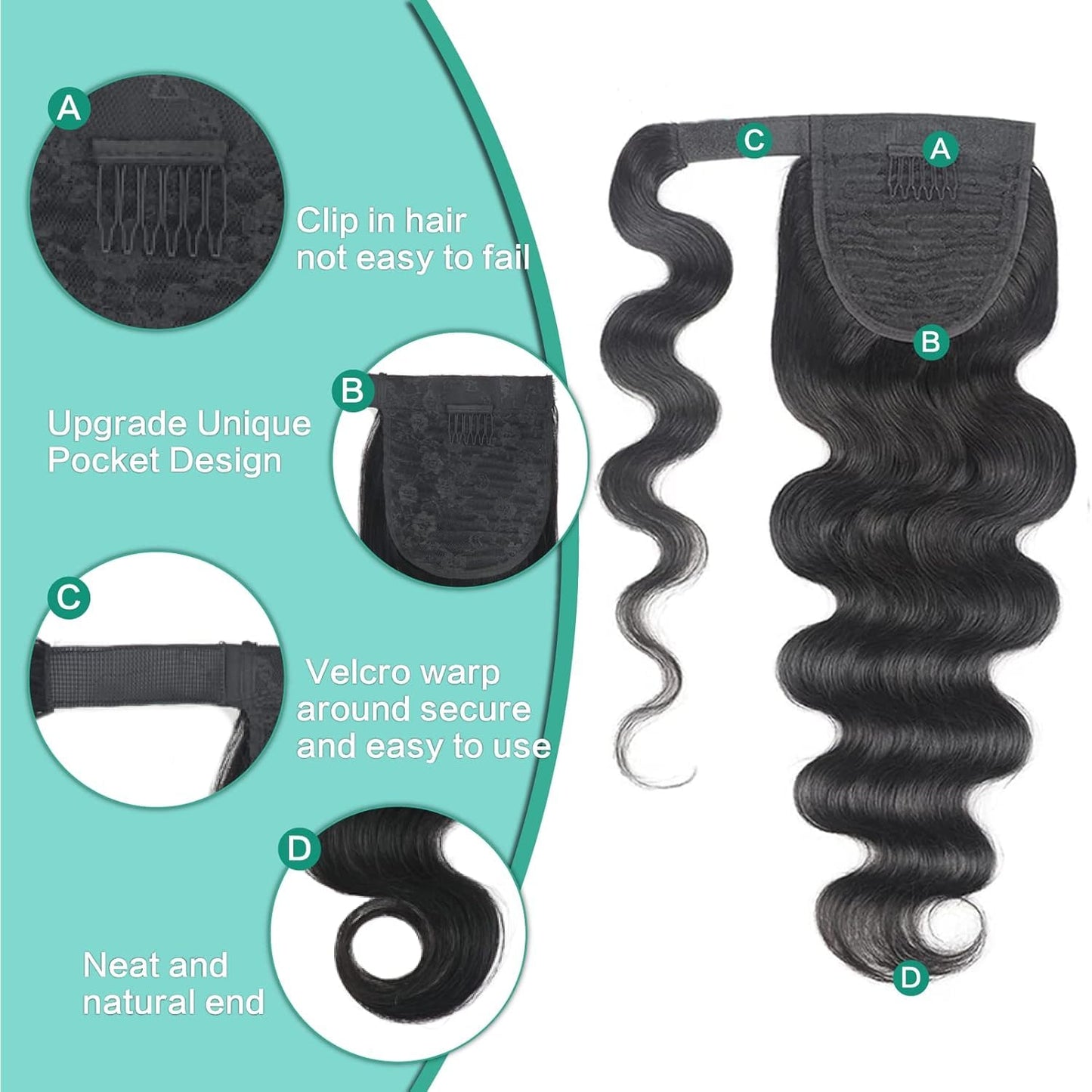 Body Wave Ponytail with Magic Paste Warp Around for Black Women Natural Color 16 Inch