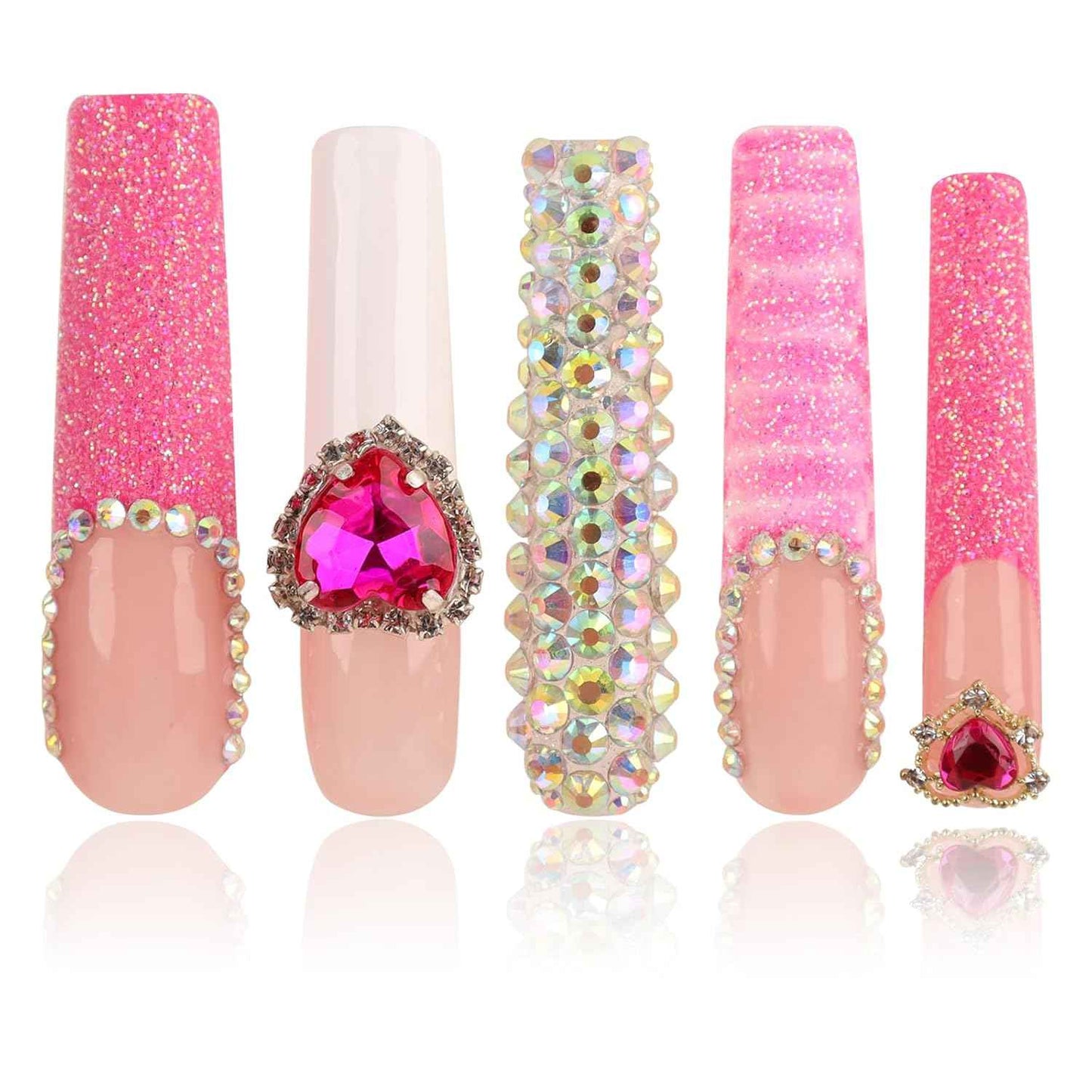 Luxury Pink Acrylic Nail Tips with Crystals - Reusable Long Square Press-On Nails (10 Pcs, Size M)