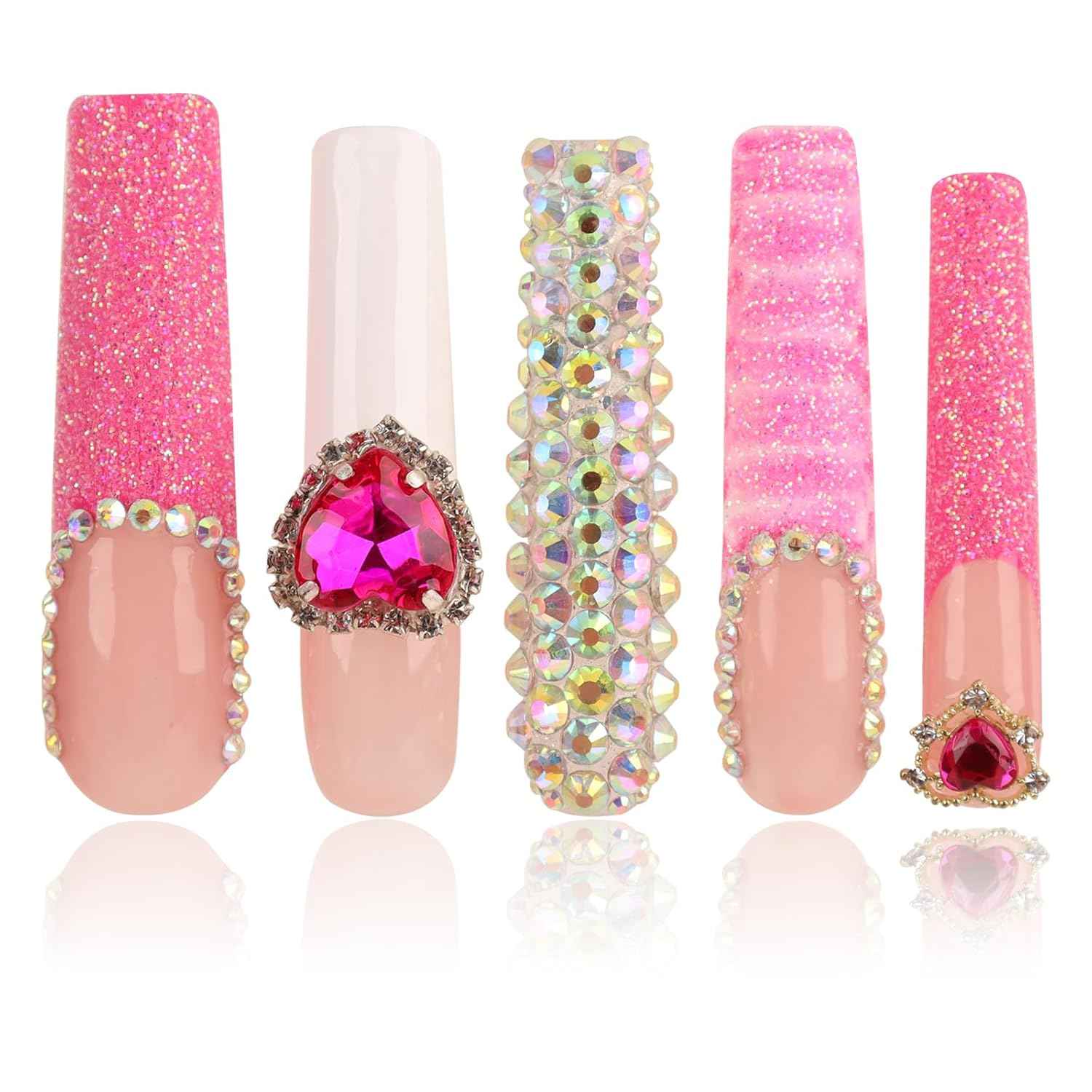 Luxury Pink Acrylic Nail Tips with Crystals - Reusable Long Square Press-On Nails (10 Pcs, Size M)