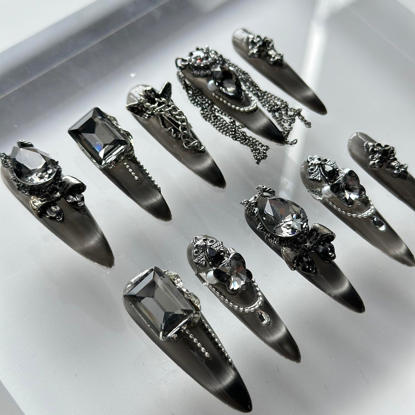 Luxury Press on Nails Long Almond Handmade 3D Unique Reusable ABS Material Fake Nails Black Gothic False with Designs Chain Rhinestones Charms Glitter Glossy Glue on Nails Thick Acrylic Nails(S)