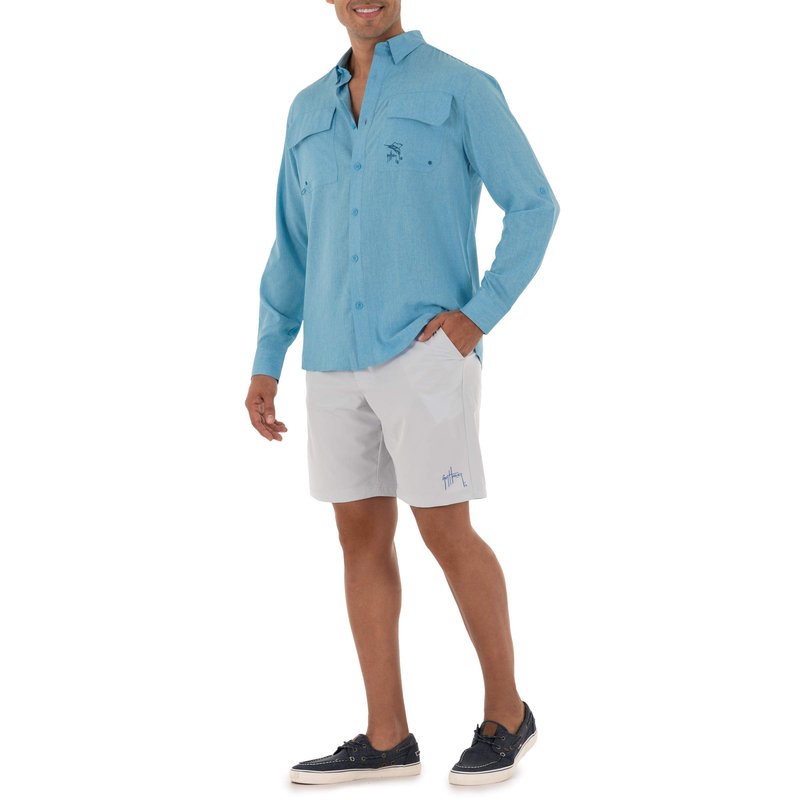 Guy Harvey Men's Long Sleeve Performance Fishing Shirt, Powder Blue, Large