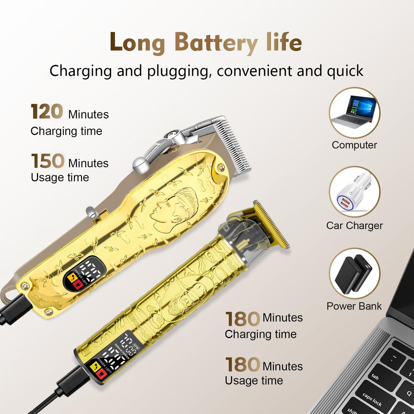 LQT Men’s Gold Hair Clippers, Cordless Professional Barber Clippers & Trimmers with LED Display, Long Runtime, Electric Grooming Kit for Haircuts & Beard Trimming,Gift for Husband, Father, Boyfriend