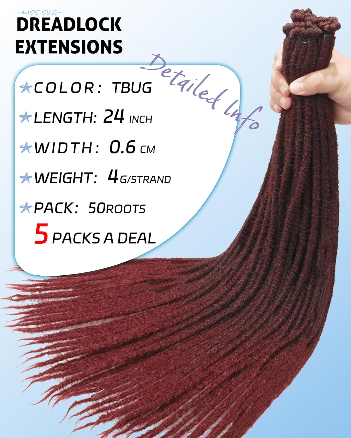 Dreadlock Extensions - 24 Inch Ombre Burgundy Faux Locs | Soft Synthetic Hair, 50 Strands, 0.6 cm Width