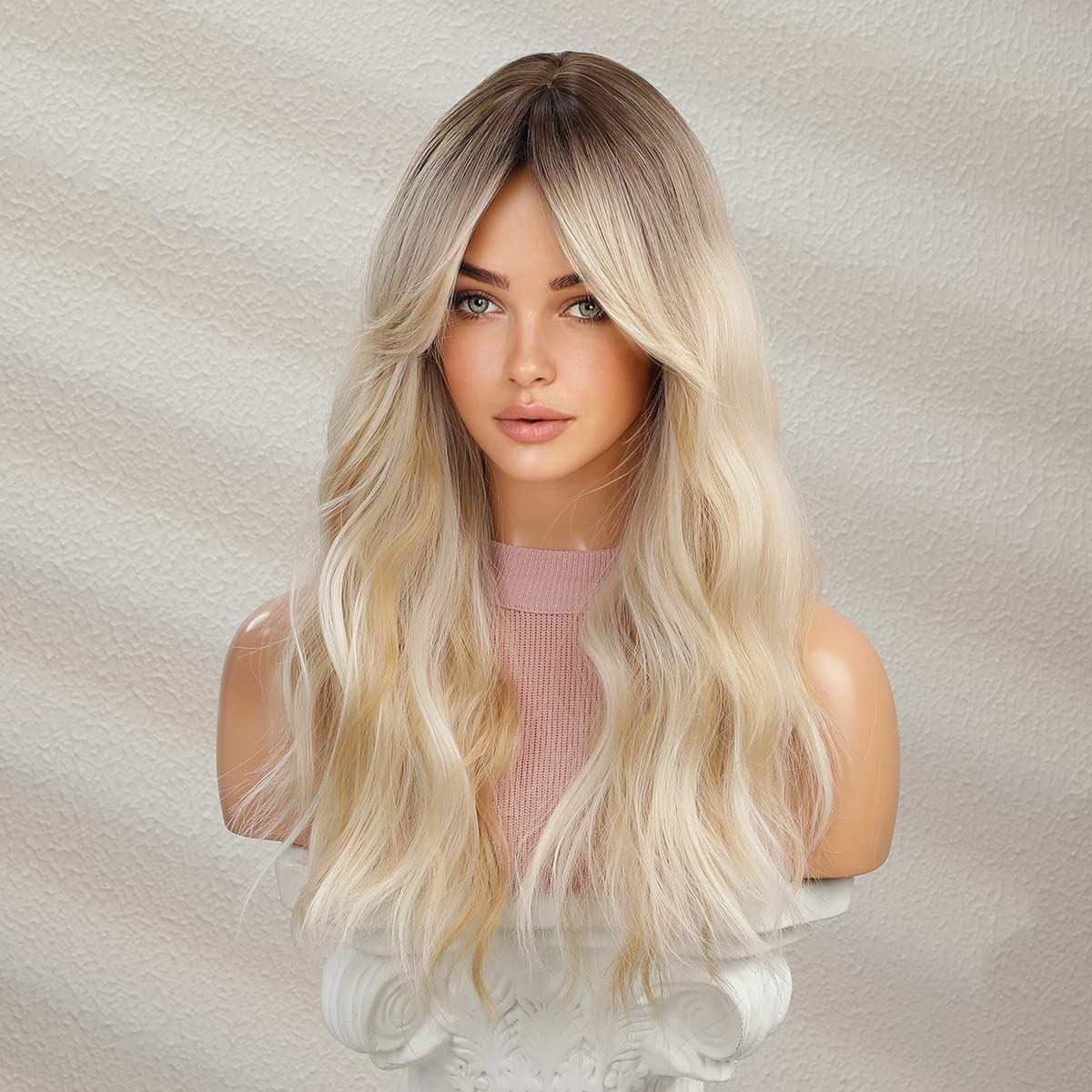 Long Blonde Wig with Bangs - Curly Wavy Synthetic Hair for Women | Mixed Blonde Color