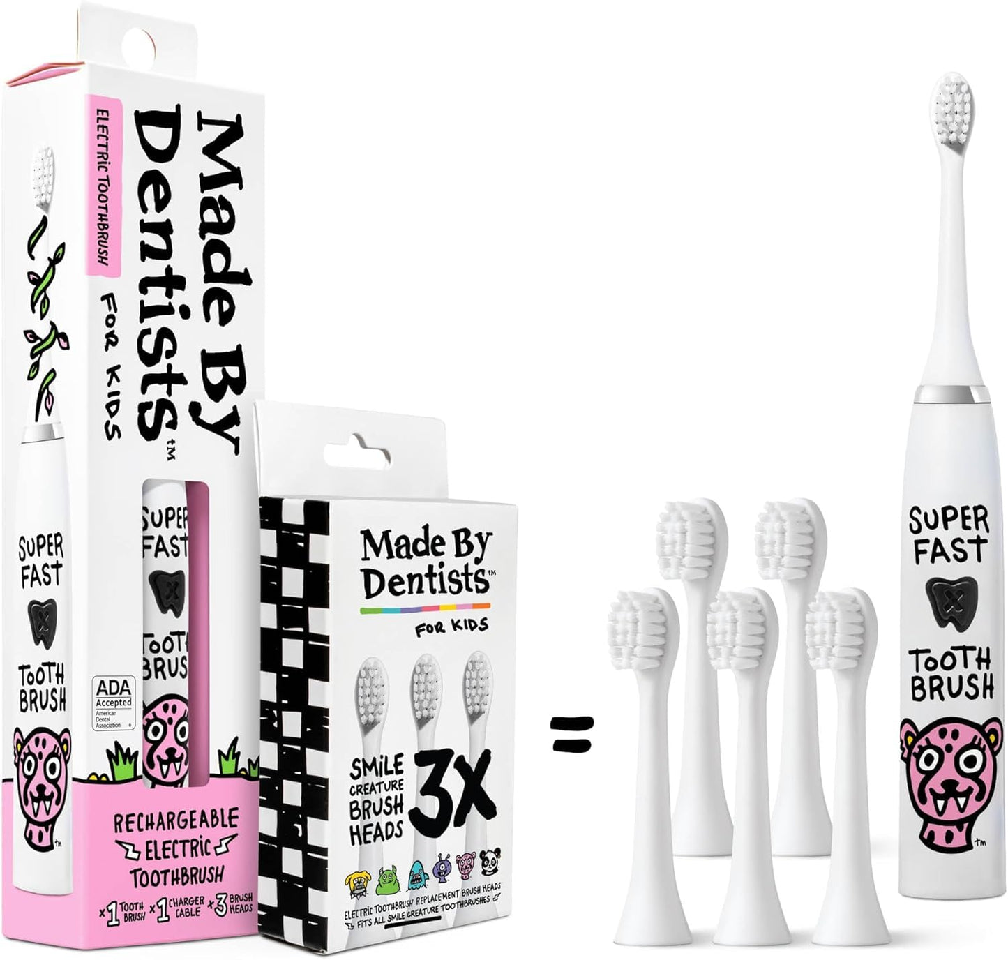 Made by Dentists Kids Electric Toothbrush - Rechargeable Vibrating Toothbrush with Timer, Includes 6 Replacement Heads, Gently Cleans Teeth, Kid & Toddlers Age 2+, Cheetah