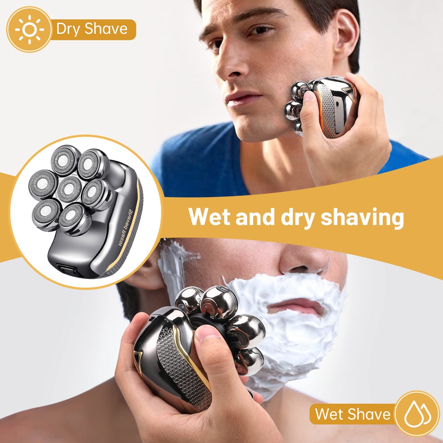 Head Shavers for Bald Men: - Electric Head Shavers for Men Wet&Dry Waterproof Cordless Electric Razor, 6-in-1 Rotary Shaver Grooming Kit with Nose Beard Trimmer Hair Clipper