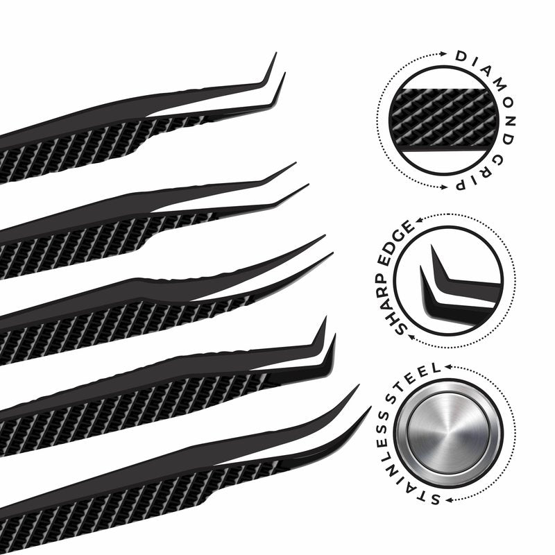 GMI TWEEZERS GMI Lash Tweezers - Set of 5 Eyelash Tweezers- Stainless Steel Eyelash Extension Tweezers - Multipurpose Lash Tweezers T2233 Tweezer