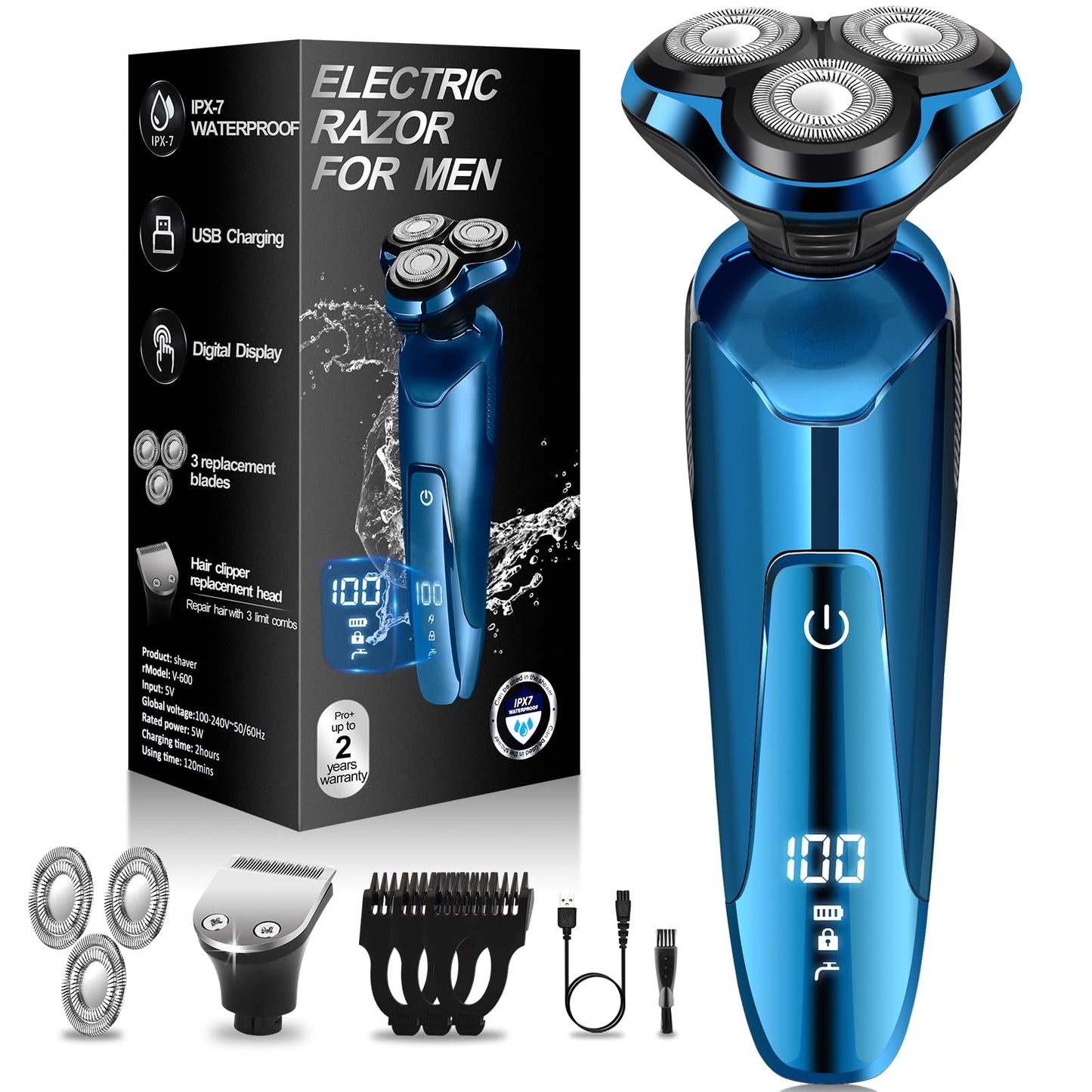 Electric Razor for Men, 3-in-1 Shaver with Floating Blades for Nose Hair &Sideburns,Replacement Blades, Pop-up Trimmer, IPX7 Waterproof, Travel Lock, Wet & Dry Use, Face Shaving Grooming Travel Kit