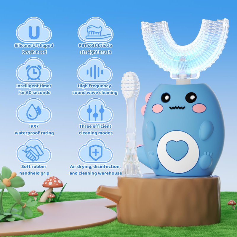 Lwalaneng Kids U Shaped Electric Toothbrush, with 3 Cleaning Modes, with 4 Brush Heads, 360° Sonic Automatic Toothbrush, IPX7 Waterproof Cartoon Dinosaur Design (Ages 2-12)