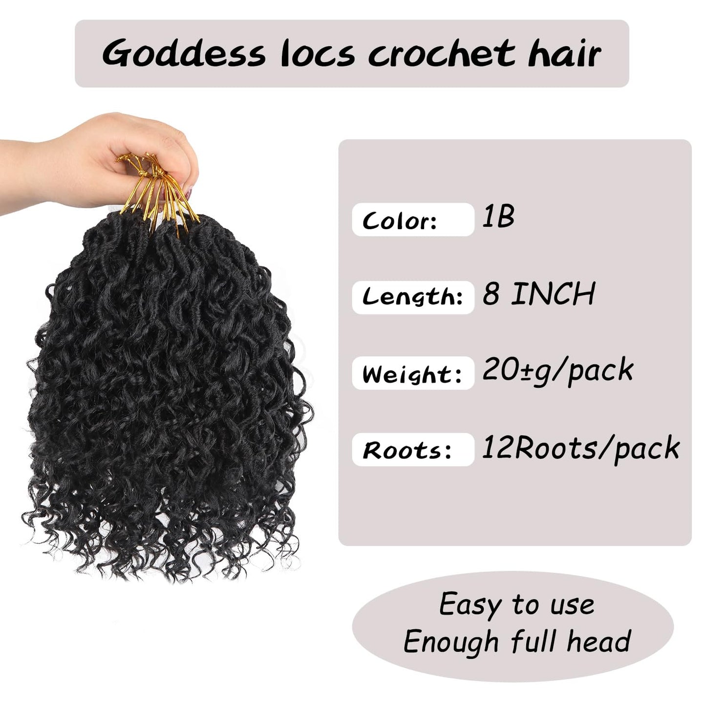 Vemet Goddess Locs Crochet Hair 8 Inch 9 Packs Faux Locs Synthetic Crochet Hair, Boho Style Pre looped crochet with Curly Ends 1B