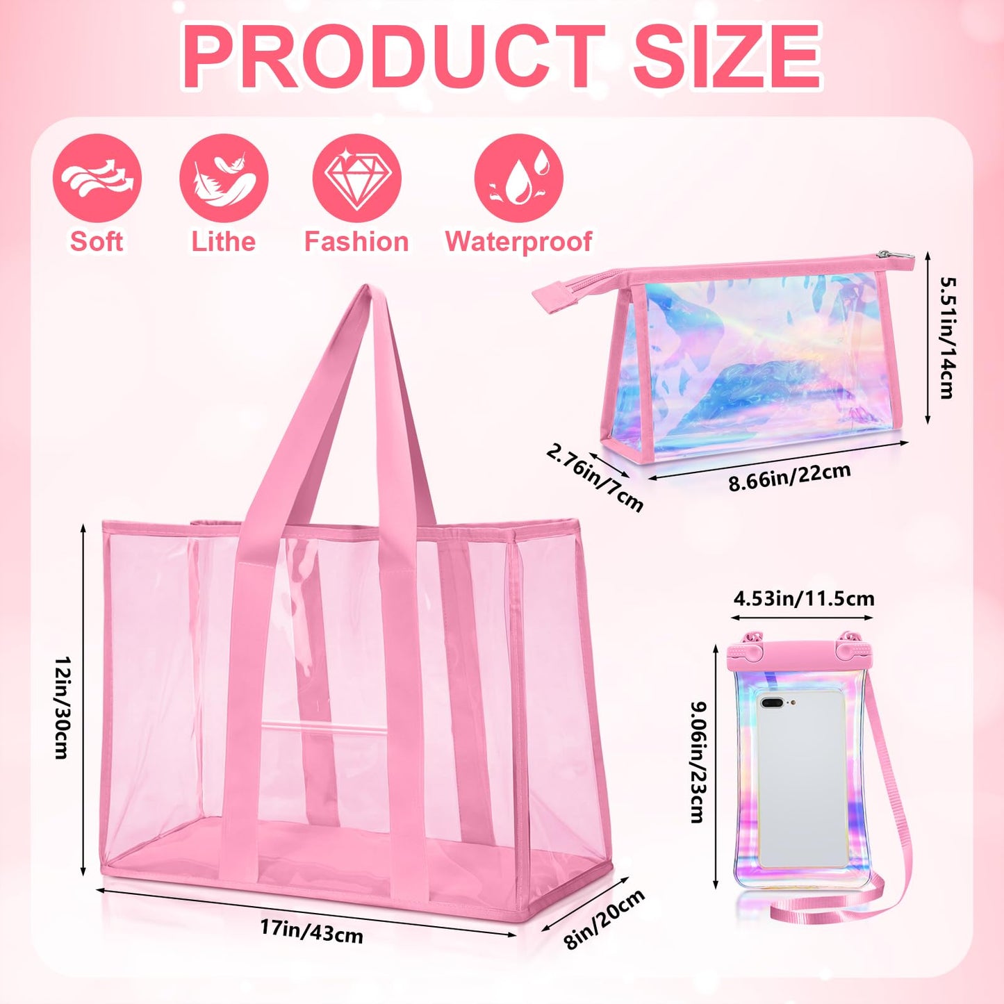 Yoojahow 3 Pcs Waterproof Beach Bags Women Clear Iridescent Tote Bag Cosmetic Pouch for Phone Travel Beach Pool Essentials
