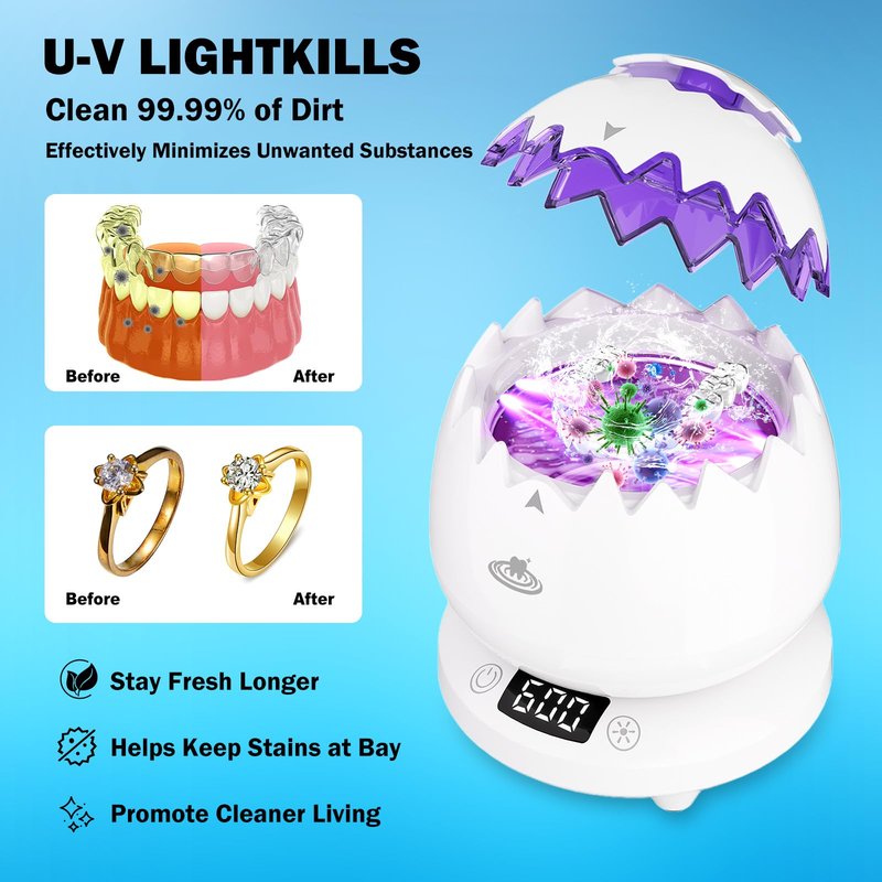 Ultrasonic Retainer Cleaner Machine for Denture, 45kHz Dental Cleaning Pod with Digital Timer, 3 Modes Waterproof Ultrasonic Denture Cleaner for Mouth Guard, Aligner, Jewelry, Braces,Rings,Necklaces