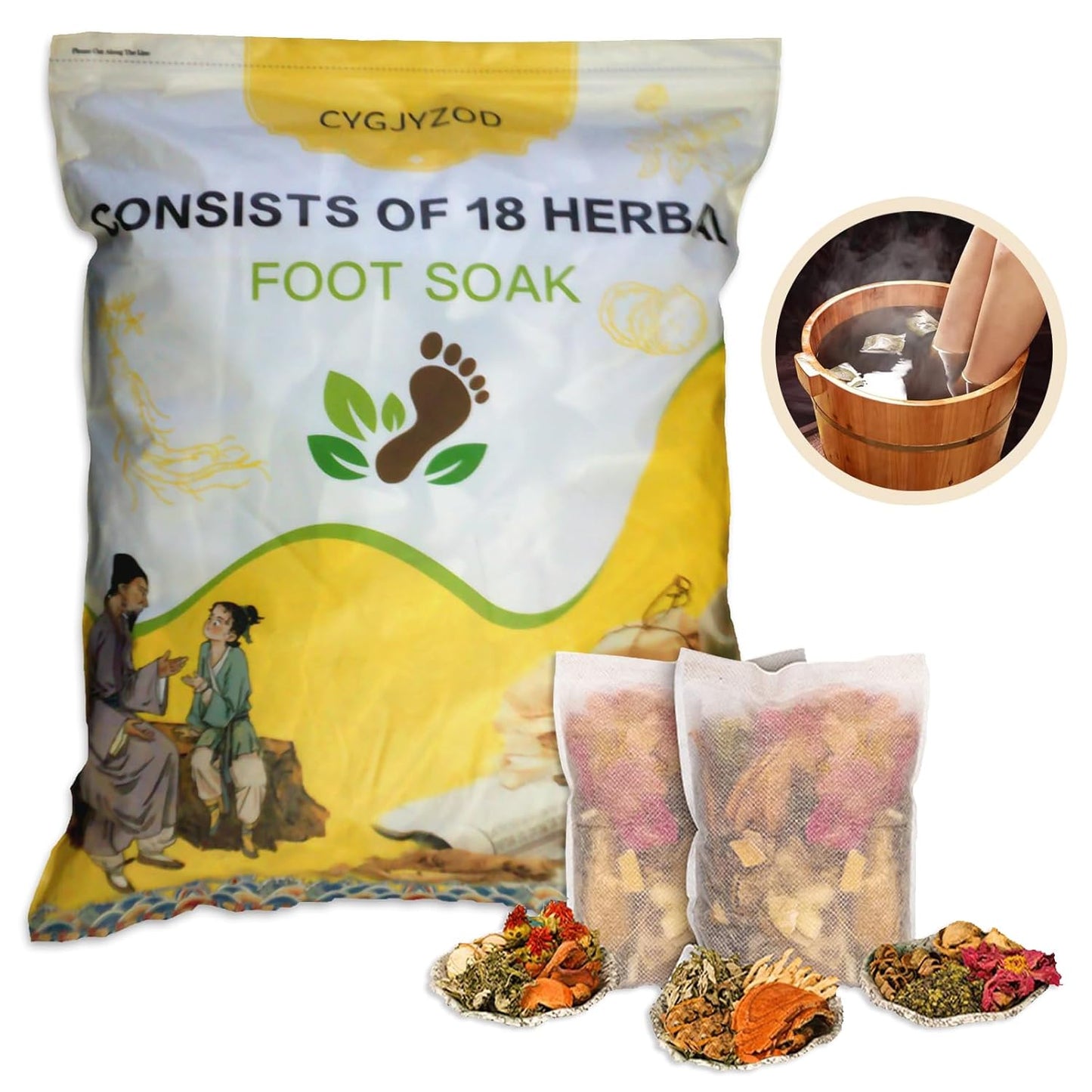 Ginger Herbal Foot Soak Set - 30 Detox Bags for Dry & Cracked Feet | Lymphatic Drainage
