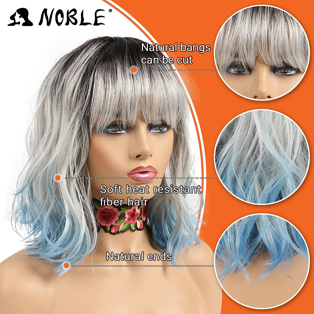 NOBLE Blue Wig with Bangs 12 Inches Short Bob Curly Wig Blue Wigs for Women Colorful Wavy Bob Wigs with Air Bangs Heat Resistant Synthetic Silver Blue Halloween Wigs for Cosplay Party