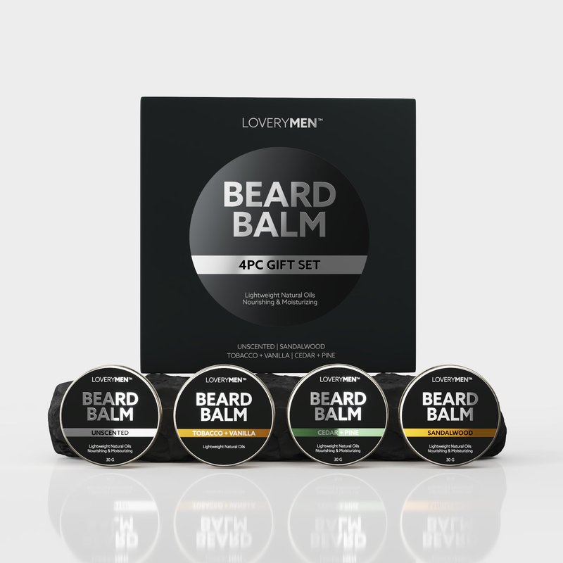 LOVERY Beard Balm for Men, Gift Set in Unscented, Sandalwood, Tobacco Vanilla, Cedar Pine Fragrances, All-Natural Wax, Cream Softener Butter, 4 Pack