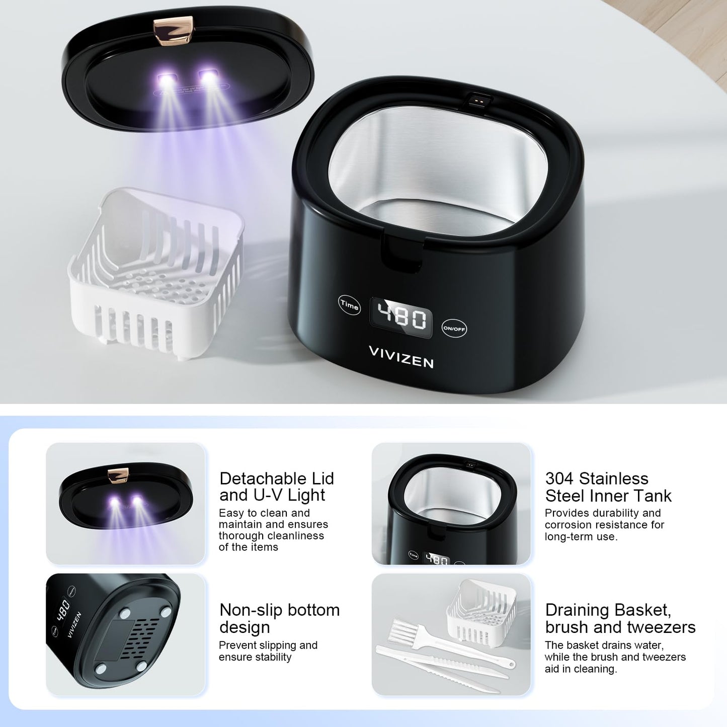 VIVIZEN Ultrasonic Retainer Cleaner Machine Sonic Dental Cleaning Machine for Dentures, Aligners, Braces, Mouth Guards, Jewelry, Portable 30W/45kHz (Black)