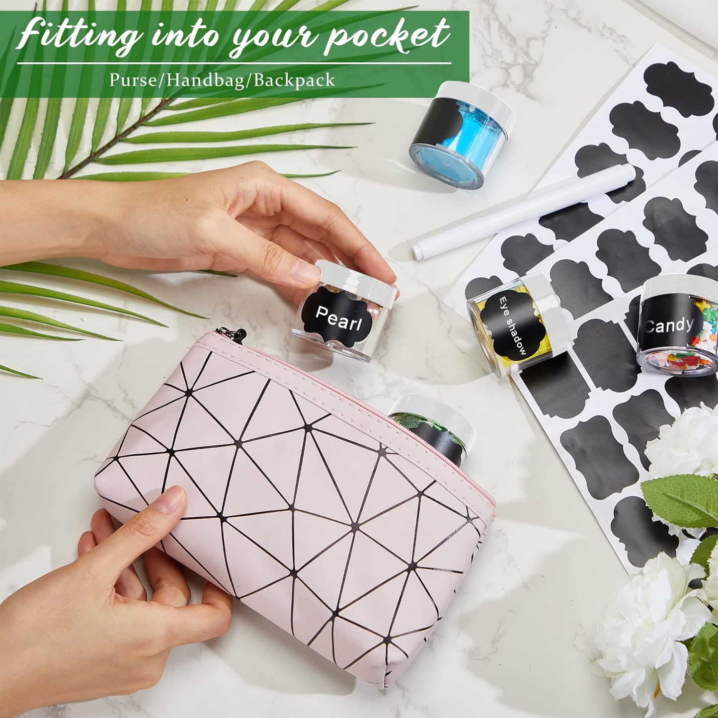 100 Set Plastic Jars Makeup Travel Makeup Container with Lids Small Storage Containers for Creams Toiletries Chalkboard Label Stickers Marker(1 oz,Black)