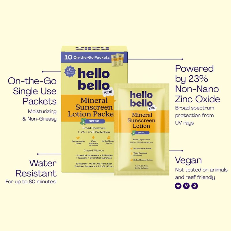 Hello Bello Kids SPF 50 Mineral Sunscreen Lotion - Travel Packets for UVA/UVB Protection - 10 Count