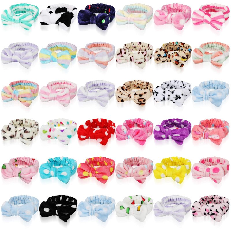 Hoteam 36 Pcs Facial Spa Headband Makeup Headbands Bulk Easter Bow Hair Head Band Fluffy Plush Spa Headband for Easter Basket Stuffer Gifts Women Washing Face Shower Cleansing