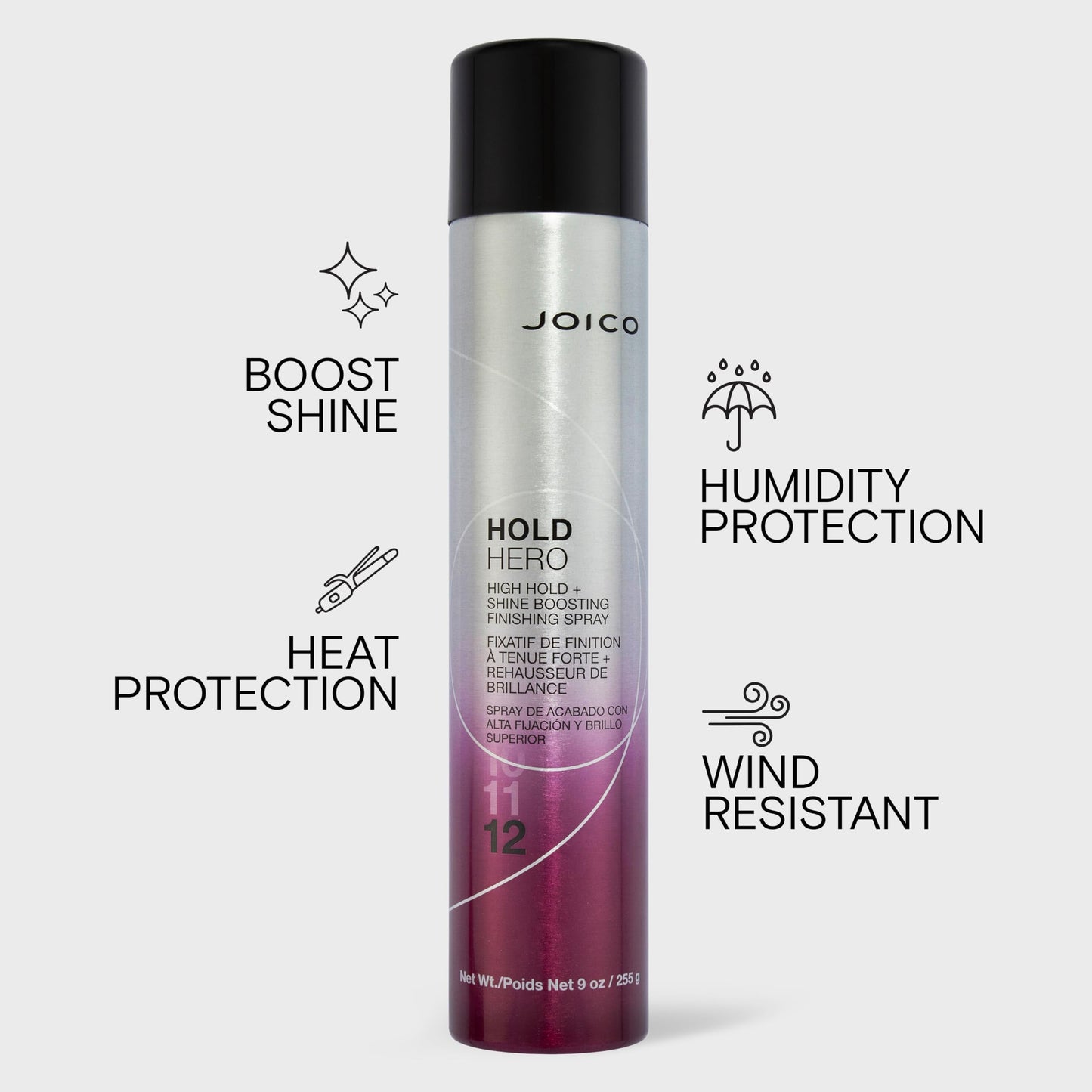 Joico Hold Hero High Hold + Shine Boosting Finishing Spray | For All Hair Types| Protect Against Heat & Humidity | Wind Resistant Up to 25 MPH | Boost Shine | 7-Day Hold | 9 Oz