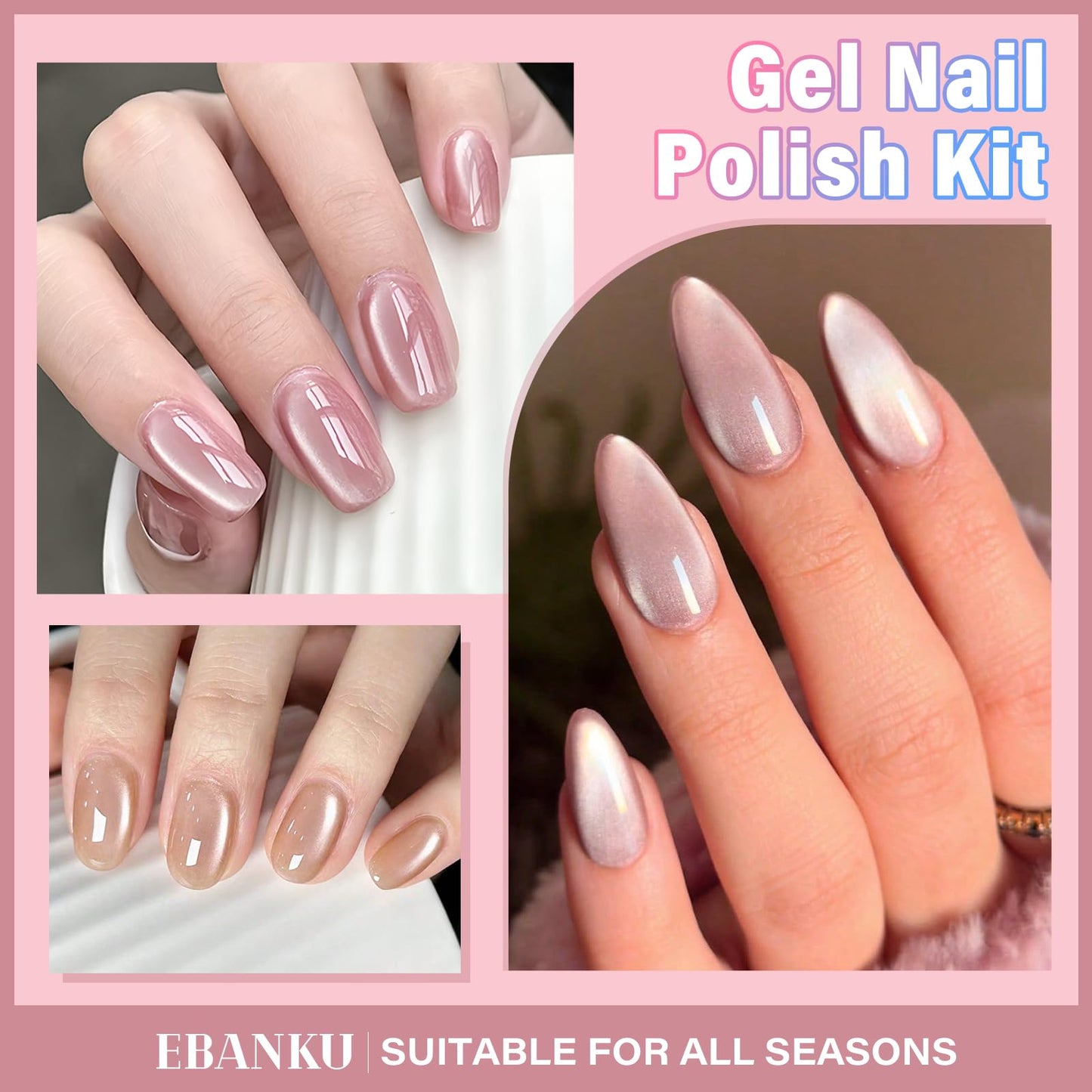 EBANKU 6Pcs 0.5Oz Cat Eye Gel Polish Set Same Color Same Bottle, Holographic Nude Pink Purple Magnetic Gel Nail Polish Kit, Soak Off UV Gel Cat Eye for Manicure Salon DIY at Home