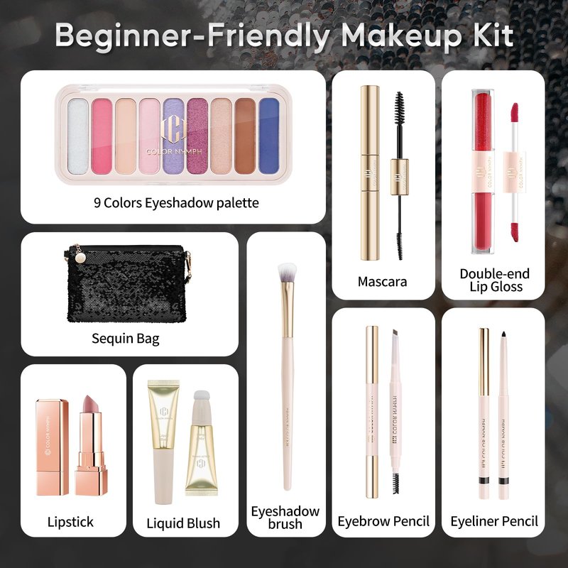 Color Nymph All in One Makeup Kit for Women & Girls, Cosmetics Gift Set with Sequin Shoulder Bag Includes Eyeshadow Palette, Lip Gloss, Lipstick, Liquid Blush, Eyeliner, Eyebrow pencil, Mascara, Brush
