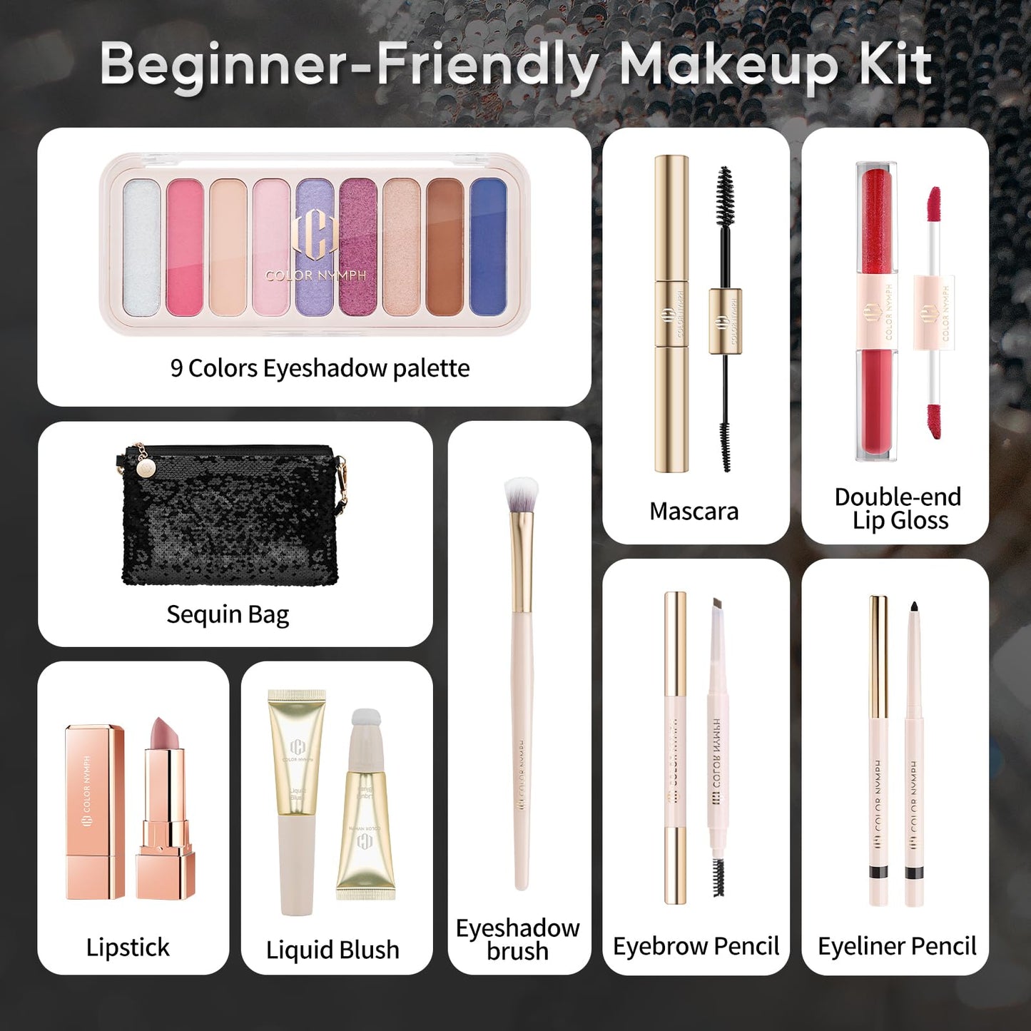 Color Nymph All in One Makeup Kit for Women & Girls, Cosmetics Gift Set with Sequin Shoulder Bag Includes Eyeshadow Palette, Lip Gloss, Lipstick, Liquid Blush, Eyeliner, Eyebrow pencil, Mascara, Brush