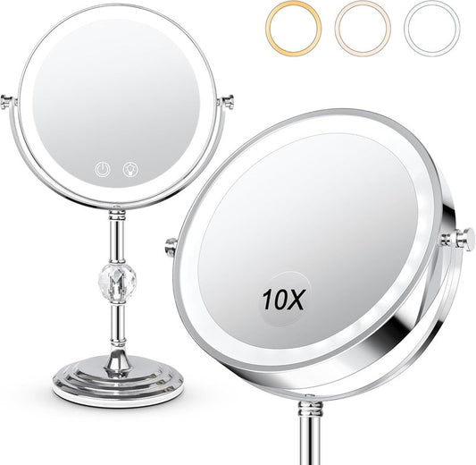 Lighted Makeup Mirror - 4000mAh Rechargeable Double-Sided 1x/10x Magnifying Mirror with 3 Color Dimming | 360° Rotation, Memory Function, Perfect Gift for Women