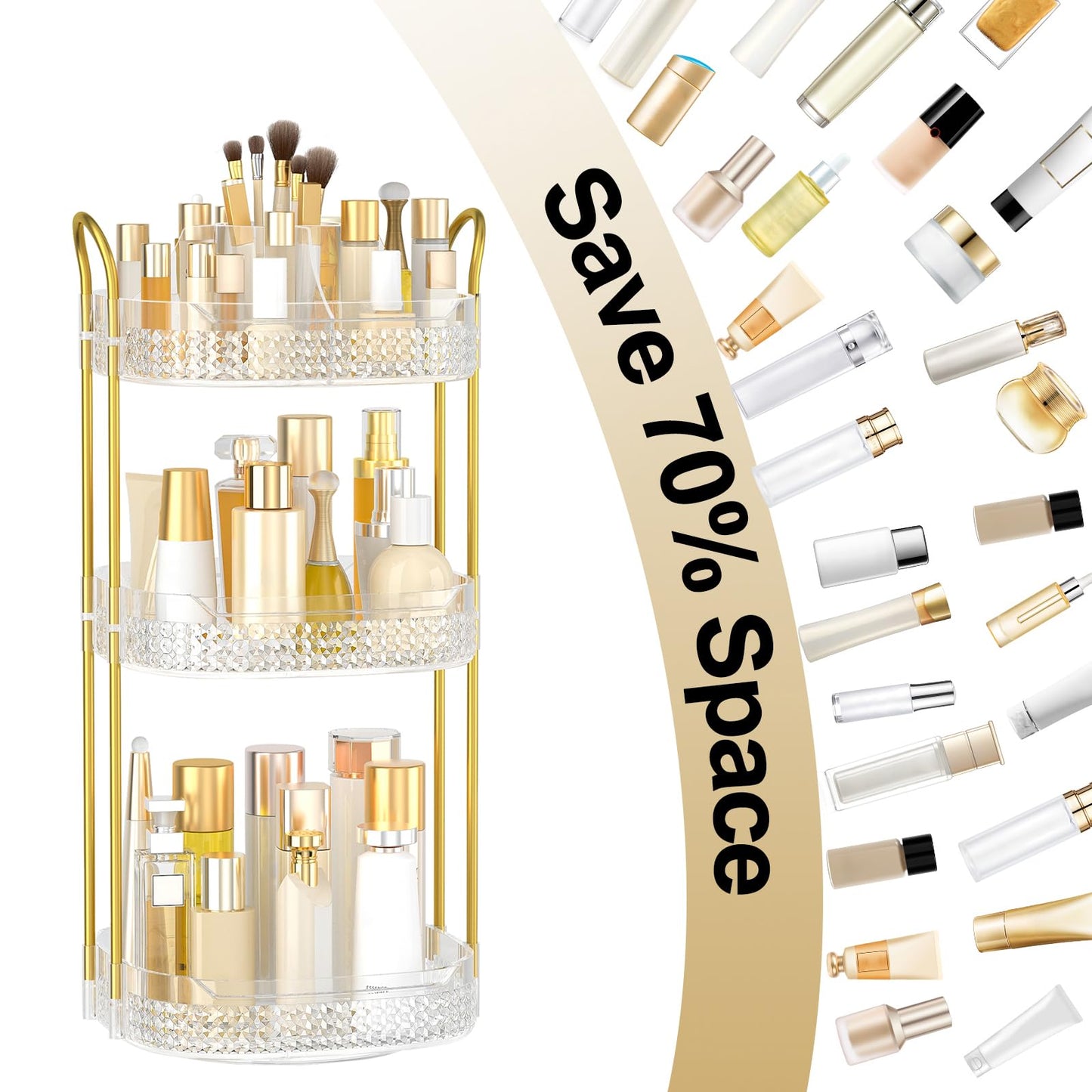 BOCONY Rotating Makeup Organizer for Vanity 3 Tier, Perfume Organizer with Makeup Brush Holder, Large Capacity Cosmetics Clear Skincare Organizer for Countertop (Transparent)