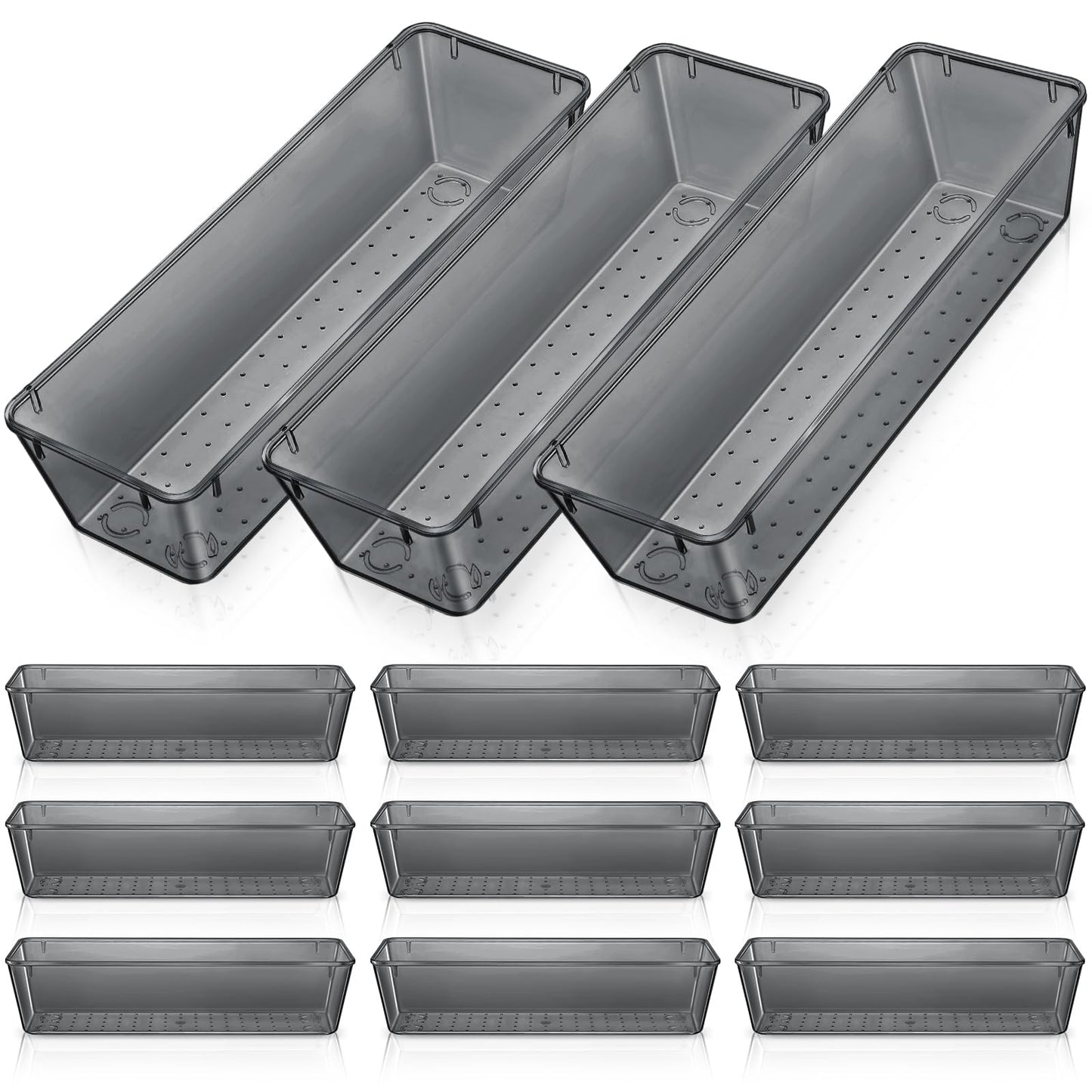 Maitys 12 Pcs Clear Drawer Organizer 9 x 3 x 2 Inches Plastic Rectangle Trays Makeup Vanity Storage Bins and Kitchen Drawers Dividers for Office Desk Silverware Kitchen Utensils(Champagne)