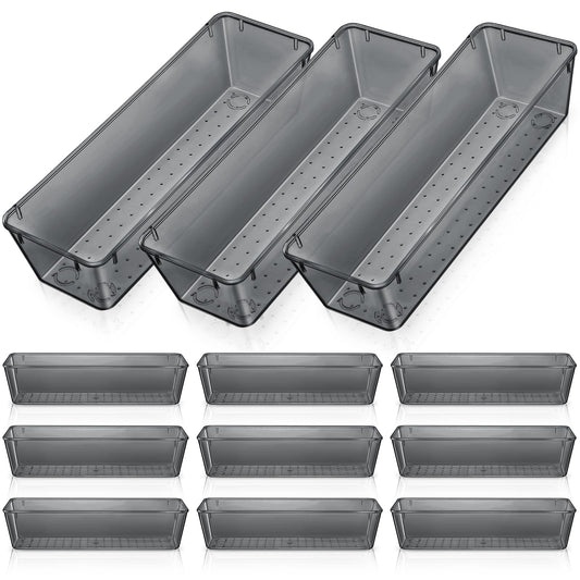 Maitys 12 Pcs Clear Drawer Organizer 9 x 3 x 2 Inches Plastic Rectangle Trays Makeup Vanity Storage Bins and Kitchen Drawers Dividers for Office Desk Silverware Kitchen Utensils(Champagne)