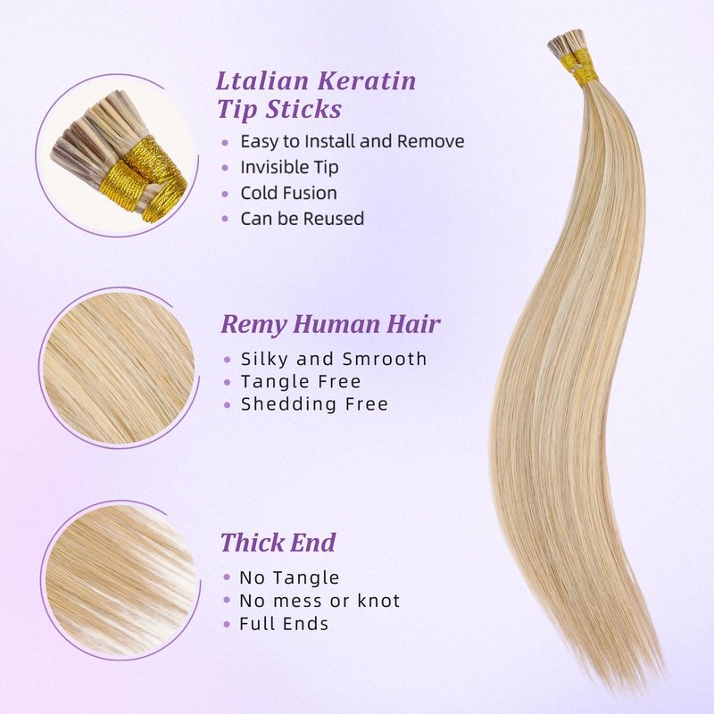 MioYio I Tip Hair Extensions Human Hair 30G/Pack Human Hair Itip Human Hair Extensions Dark Blonde to Highlighted Blonde Pre Bonded Extensions Long Straight #18/613 14Inch