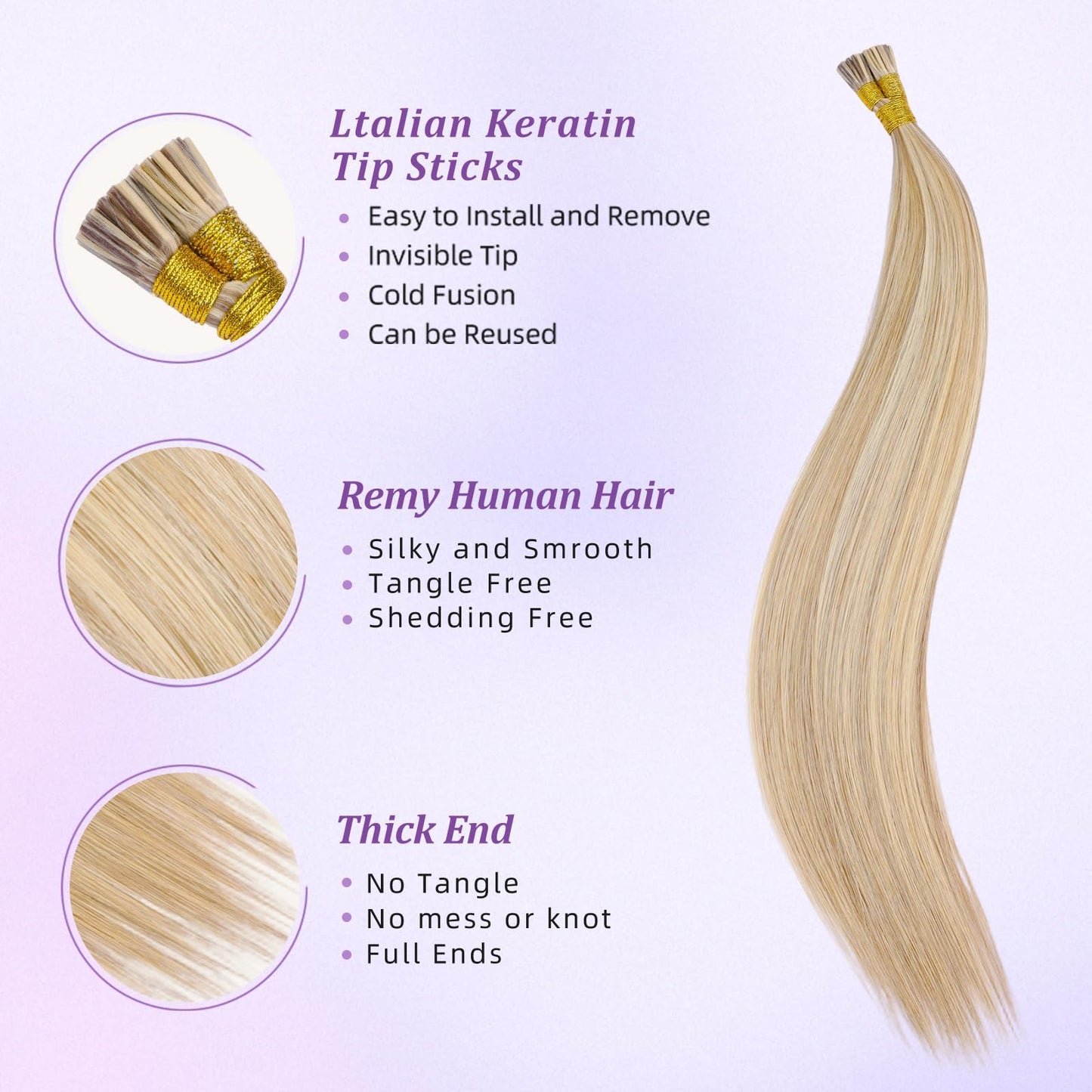 MioYio I Tip Hair Extensions Human Hair 30G/Pack Human Hair Itip Human Hair Extensions Dark Blonde to Highlighted Blonde Pre Bonded Extensions Long Straight #18/613 14Inch