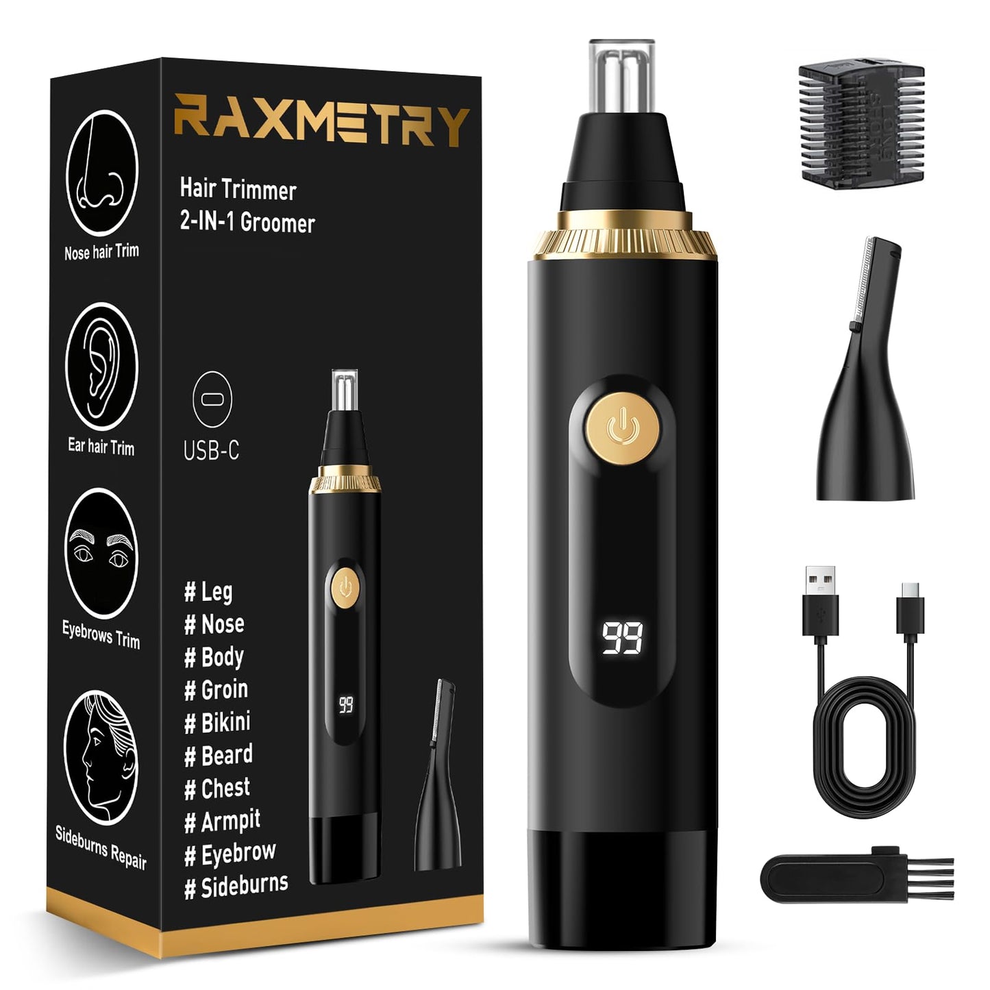 RAXMETRY Nose Hair Trimmer for Men and Women,2026 Professional Painless IPX7 Waterproof Eyebrow & Facial Hair Trimmer,USB Rechargeable with LED Display Dual-Edge Blades,Black
