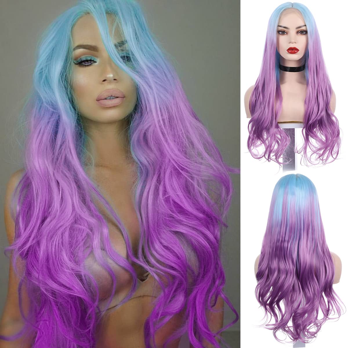 FUHSI Blue Ombre Purple Lace Front Wigs for Women Long Wavy Lavender Wig Synthetic Replacement Hair for Girls Cosplay Party Use