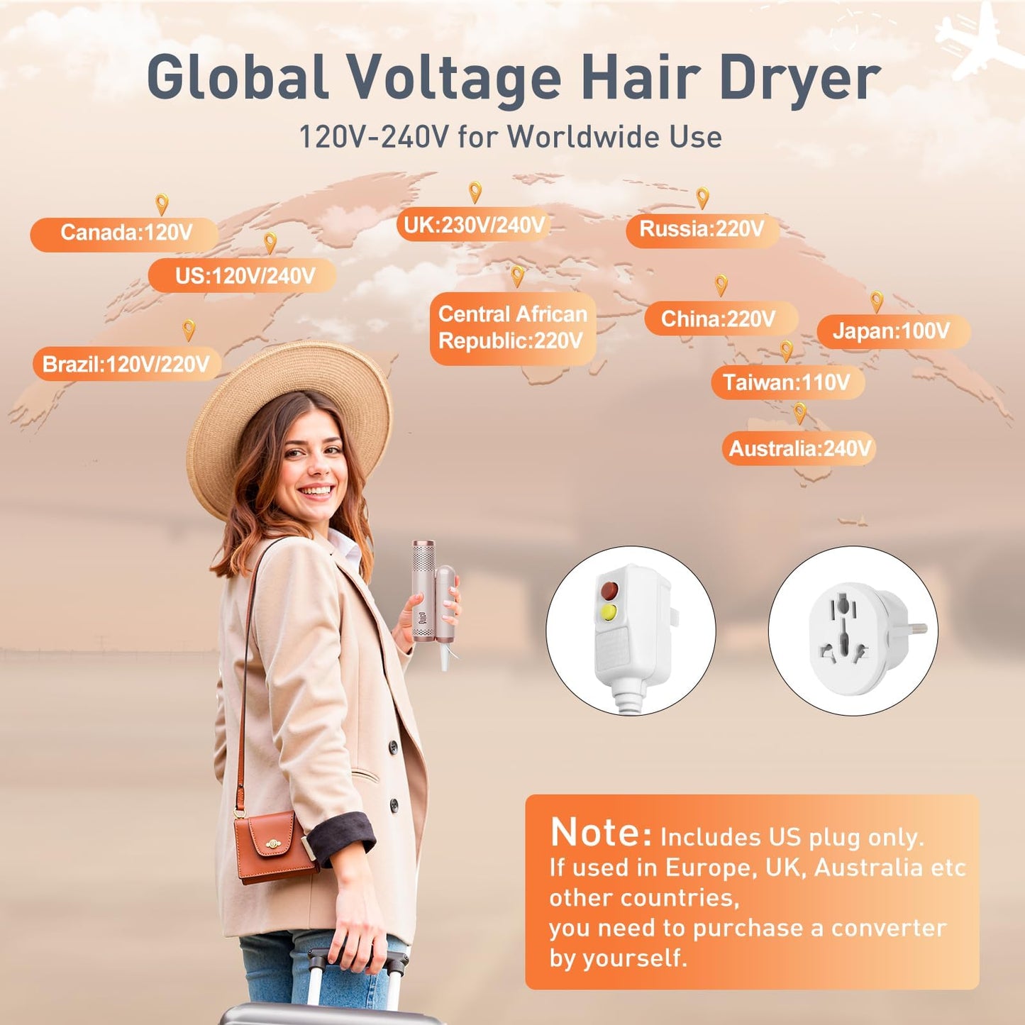 Quico Travel Hair Dryer Dual Voltage, 120000 RPM Brushless Motor Fast Drying Hair Dryers for Women 500 Million Ionic, Thermo-Control Foldable Blow Dryer with Cold, 3 Heat & 3 Speed Settings, Pink